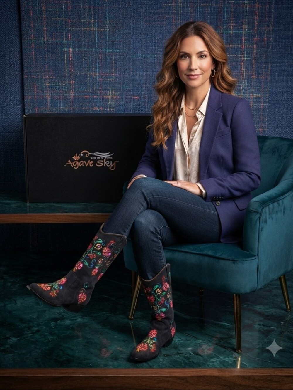Agave Black Leather Knee Boots with Pink & Green Floral Embroidery